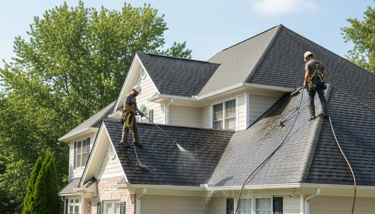 Roof cleaning service in Charlotte, NC removes algae and moss from a home exterior